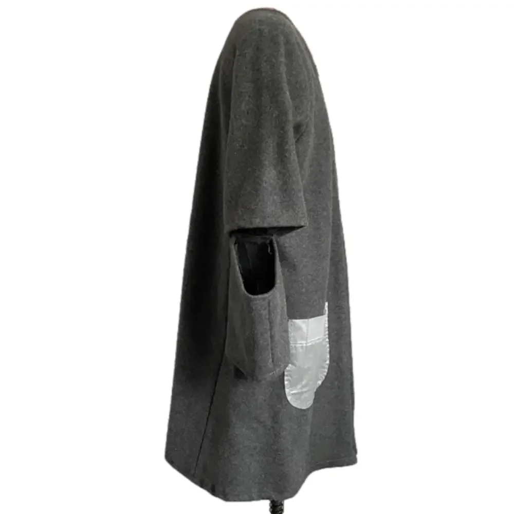 Handmade Gray Wool Elbow Cut-Out Embroidered Mid-Length Coat - 6/8, M, OOAK! - Picture 7 of 14